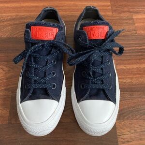 Converse Low Top Canvas Shoes with Red Rubber Tag Sz W6 M4 Navy Blue Orig Laces